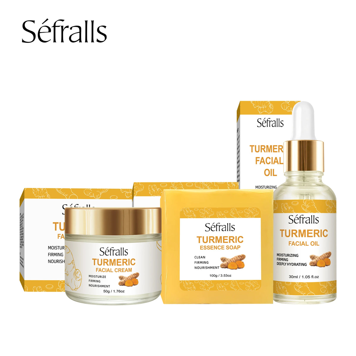 # 1 SALE Séfralls All-Skin-Types Turmeric Care Trio Face Cream Serum Soap Facial Oil Brightening Wrinkle-Reducing Hydrating Rejuvenating