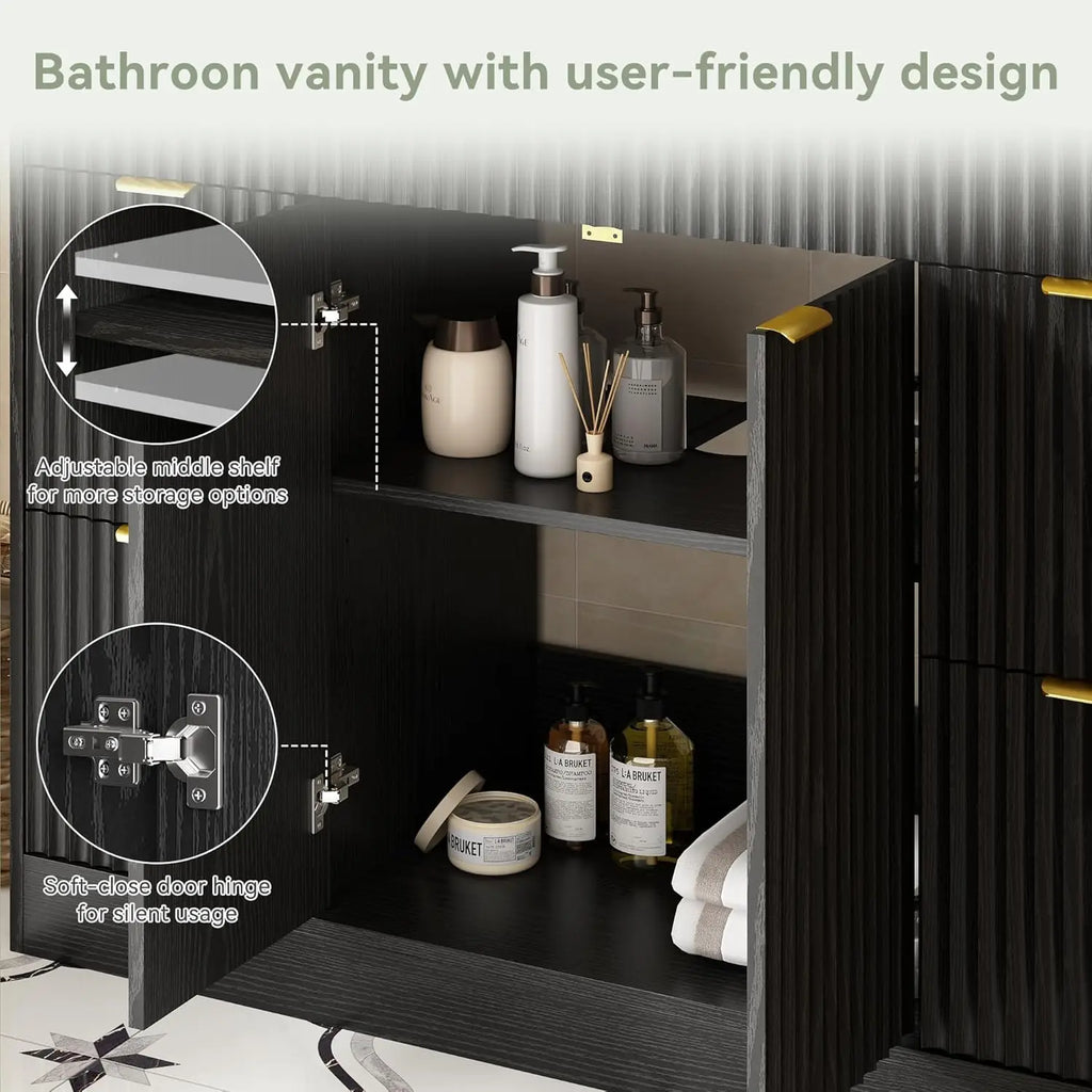 48" Fluted Bathroom Vanity Sink Freestanding Cabinet Soft Close Door 4 Drawers Modern SMC Top Black, Customized