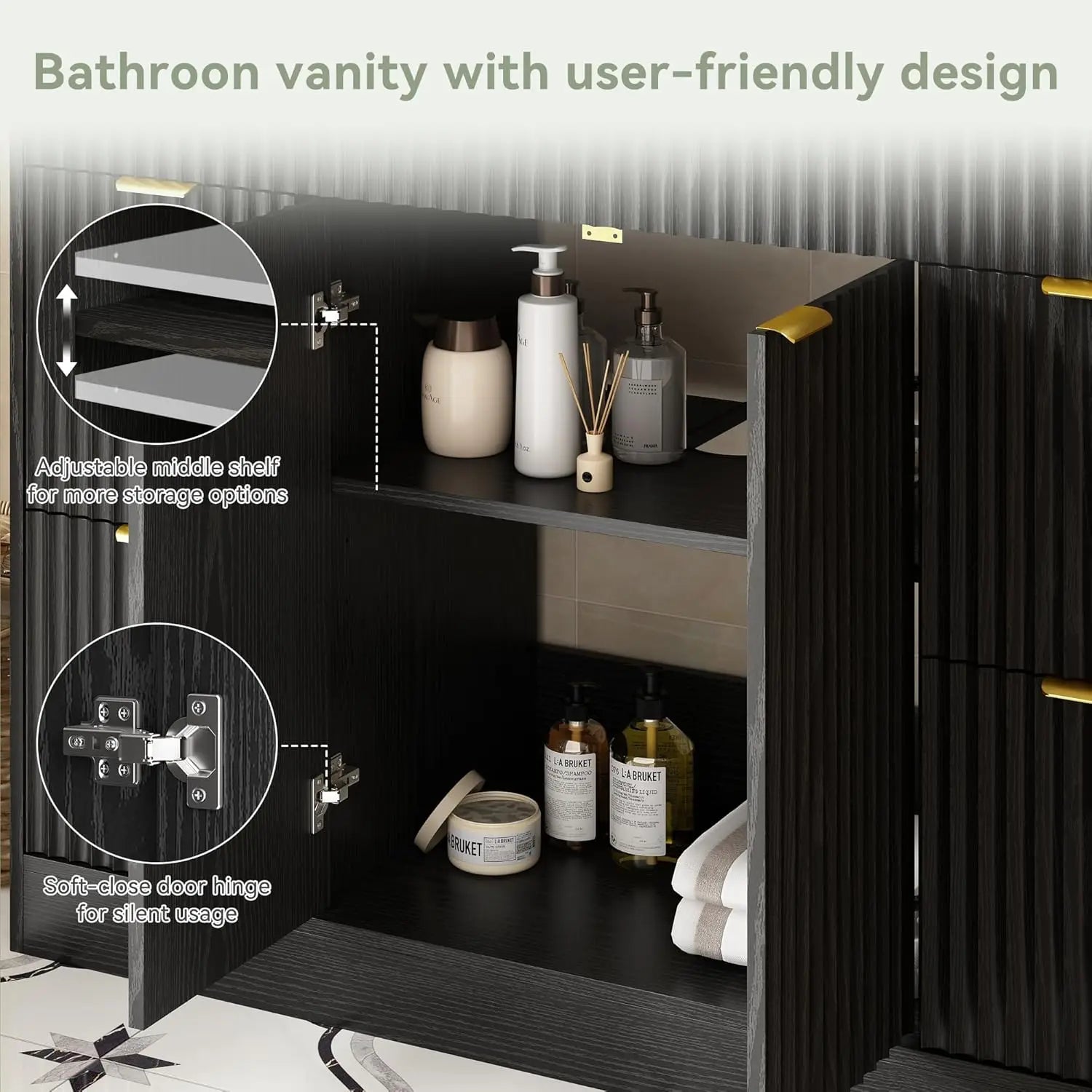 48" Fluted Bathroom Vanity Sink Freestanding Cabinet Soft Close Door 4 Drawers Modern SMC Top Black, Customized