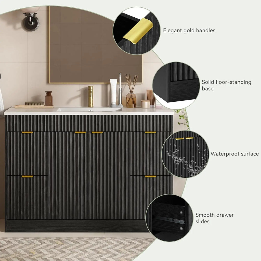 48" Fluted Bathroom Vanity Sink Freestanding Cabinet Soft Close Door 4 Drawers Modern SMC Top Black, Customized