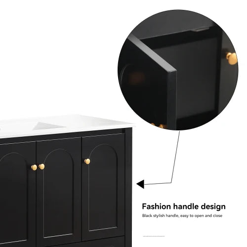 A 48 inch wide black bathroom vanity, a cabinet with 4 sliding doors and 2 drawers (excluding ceramic basin)