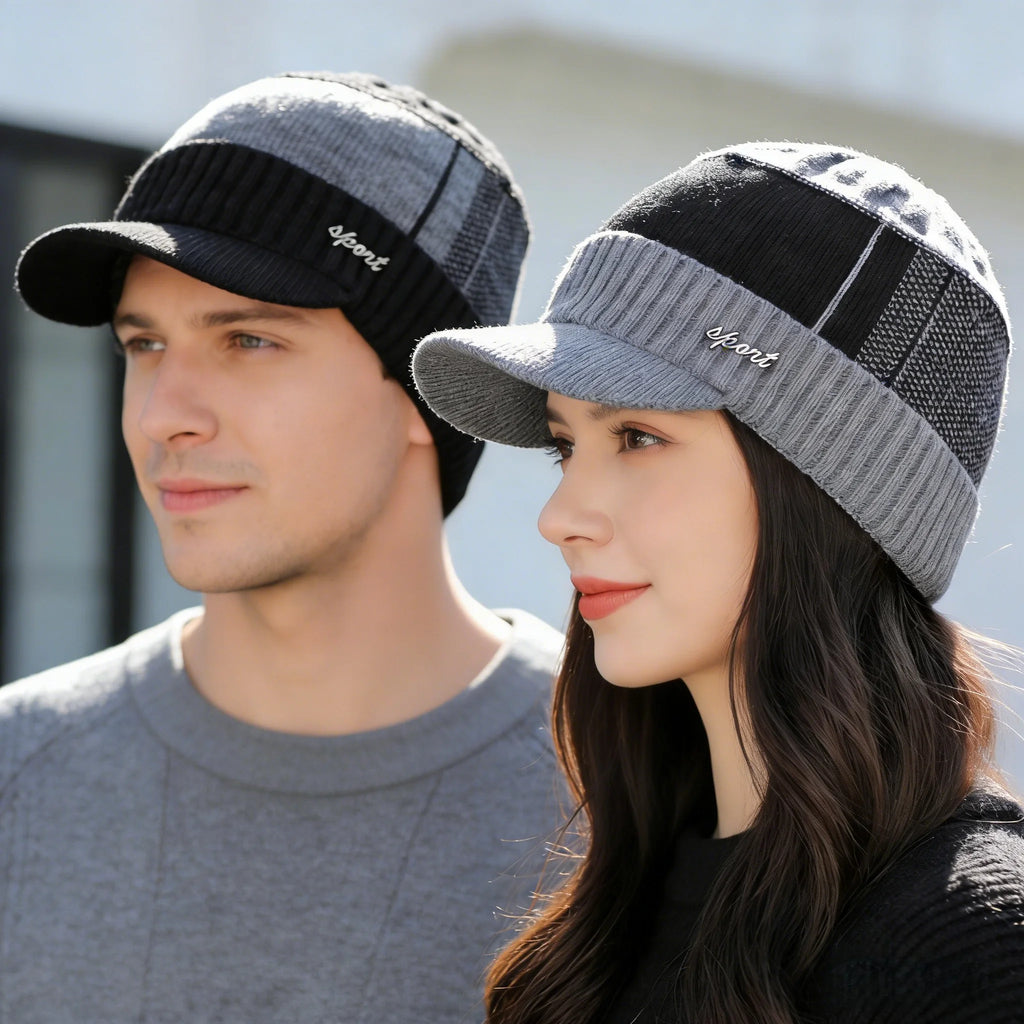 New Unisex Warm Winter Hat With Brim Add Fur Lined Beanie Hat Sports Label Thicken Winter Hats For Men Women Knitted Hat