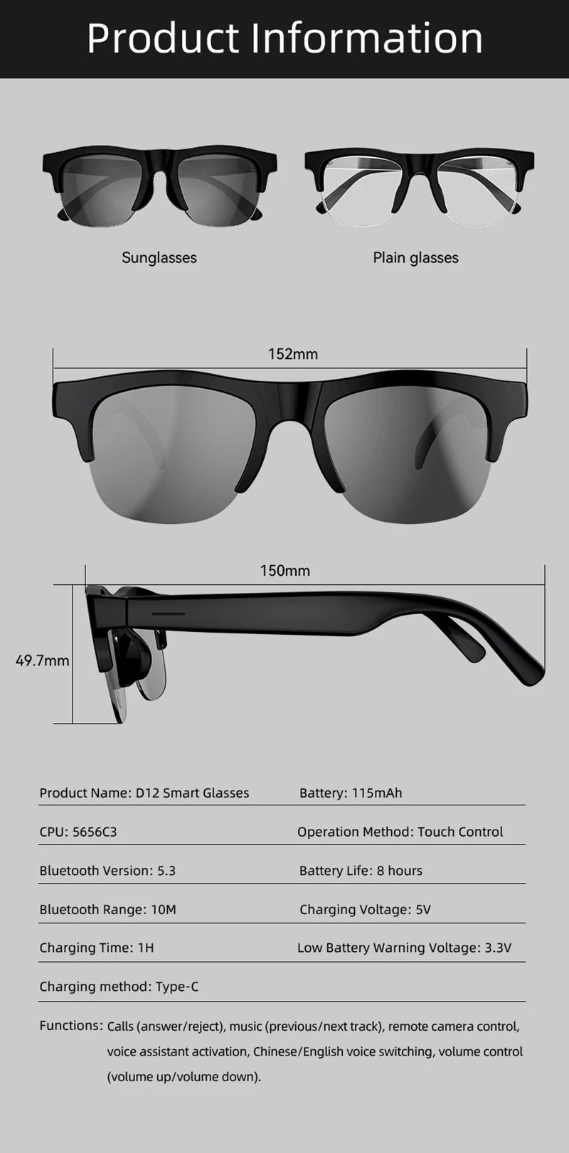 AI Smart Glasses 800W Pixel 4K HD Camera Remote Control Touch Voice Translation Bluetooth Call Video Recording Music Sunglasses