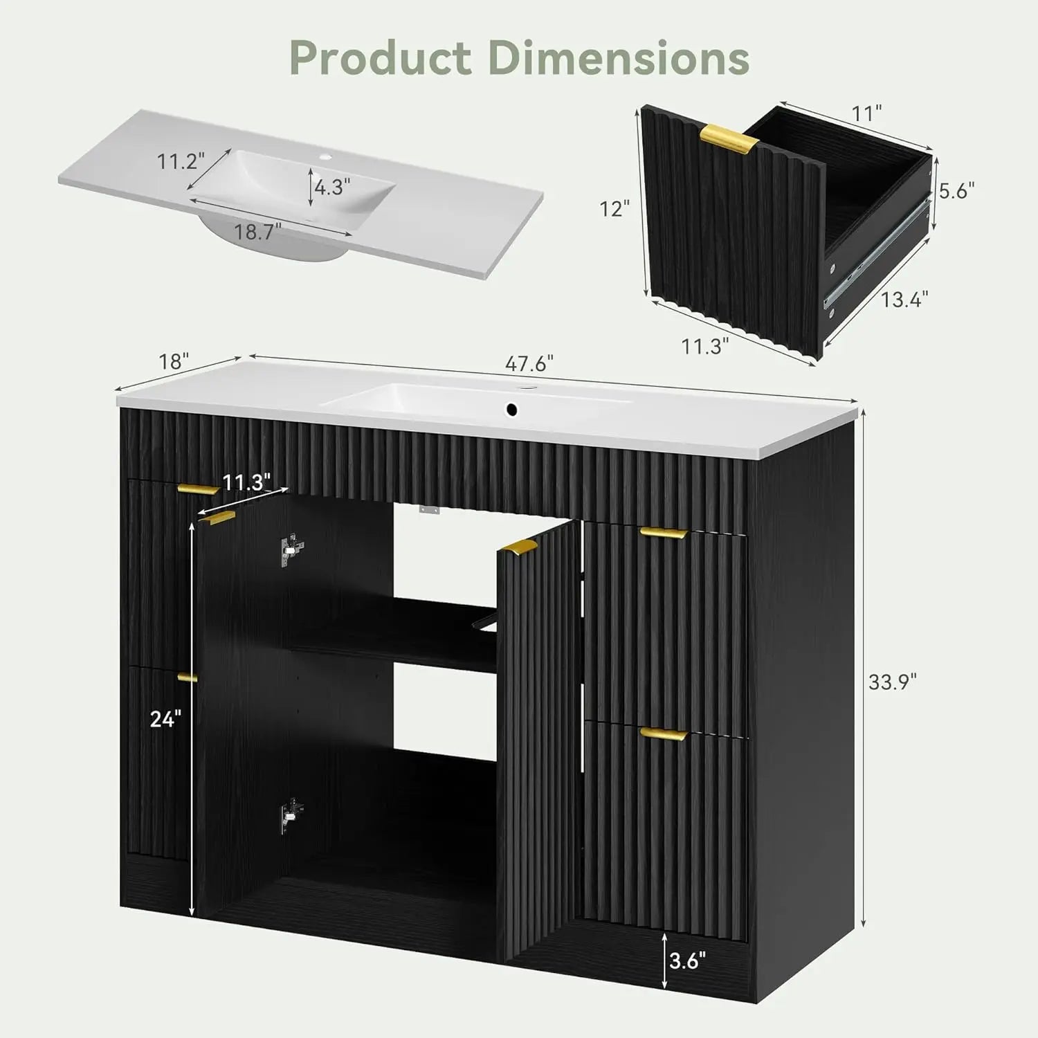 48" Fluted Bathroom Vanity Sink Freestanding Cabinet Soft Close Door 4 Drawers Modern SMC Top Black, Customized