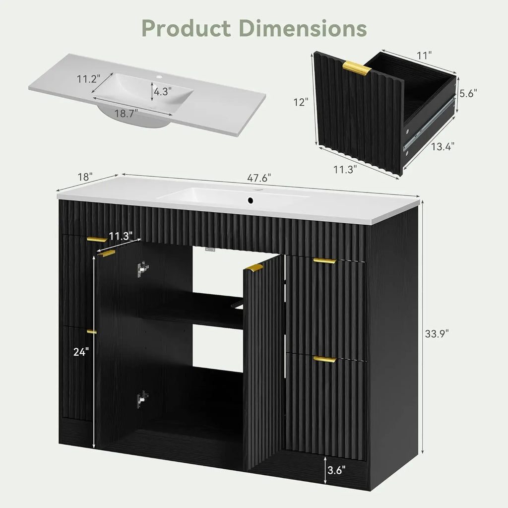 48" Fluted Bathroom Vanity Sink Freestanding Cabinet Soft Close Door 4 Drawers Modern SMC Top Black, Customized