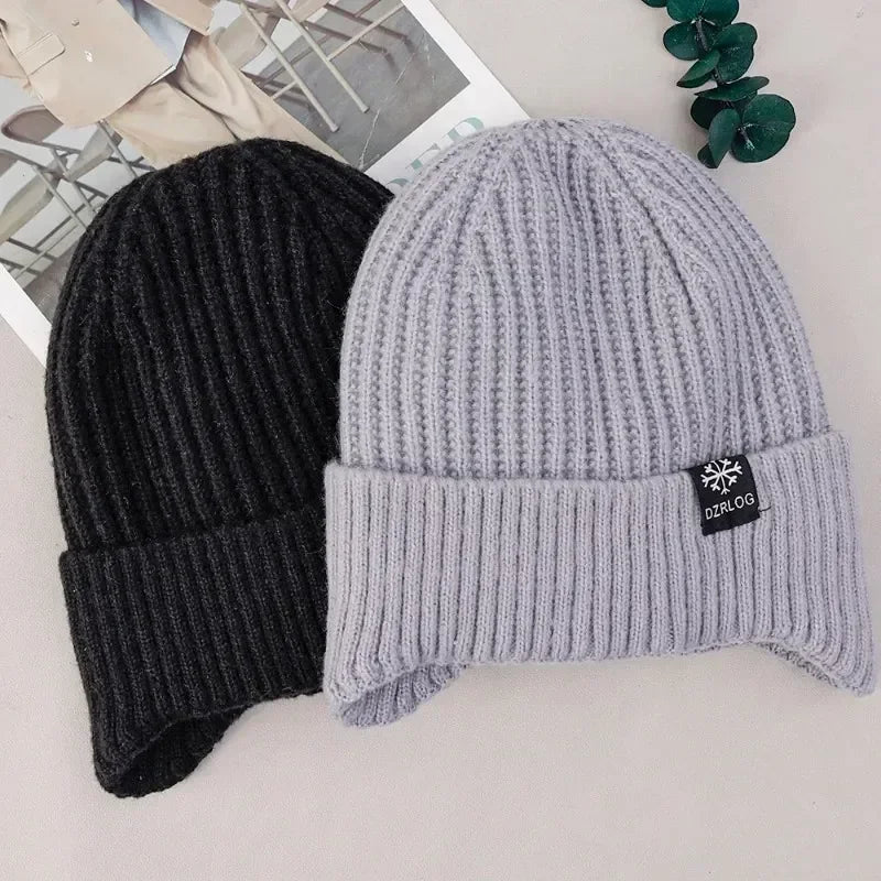 Outdoor Men Winter Knitted Hat Plush Warmth Peaked Cap Earmuff Casual Fashion Faux Fur Lined Hooded Hats Cycling Ear Protection