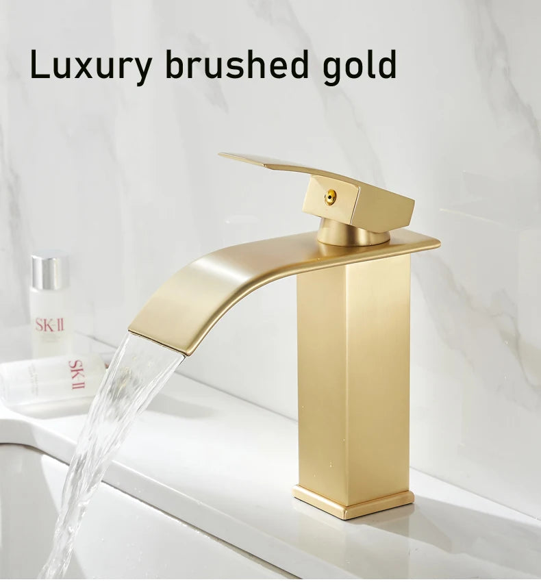 Brush Gold Waterfall Bathroom Basin Faucet Waterfall Spout Vanity Matte Gold Sink Mixers Taps Sink Faucet Tall short Style