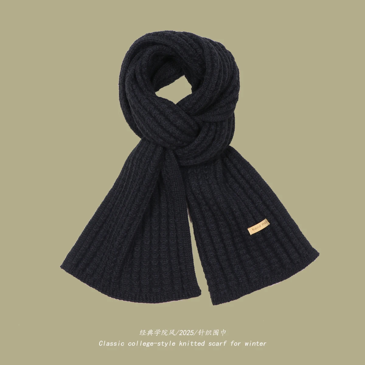 Men Women Thick Warm Knitted Scarf in Winter Autumn Wool Soft Solid Cashmere Neckerchief Simple Fashion Black Students Scarves
