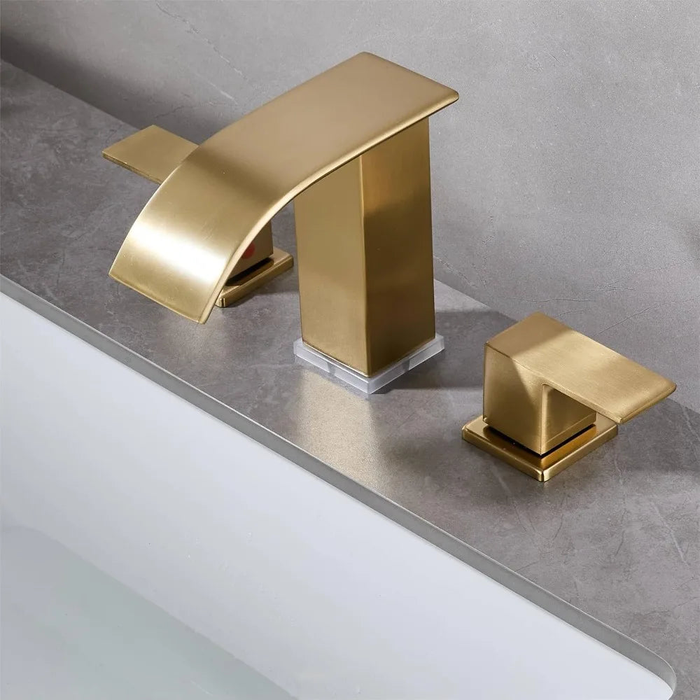 Brushed Gold 3 Hole Widespread Waterfall Vanity Faucet for Bathroom Sink, Modern Touch on Two Handle Gold Faucet
