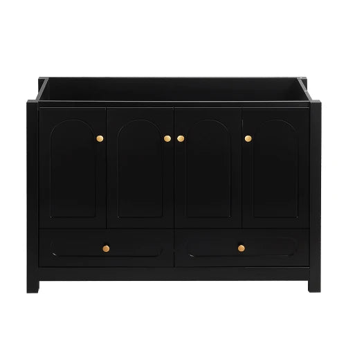 A 48 inch wide black bathroom vanity, a cabinet with 4 sliding doors and 2 drawers (excluding ceramic basin)