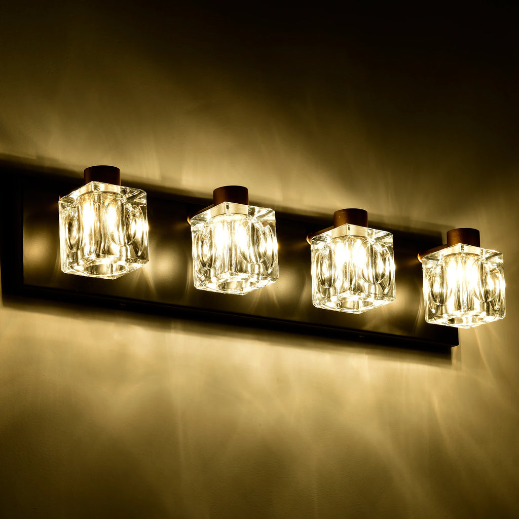 4-Light Matte Black + Gold Bathroom Light Fixtures, Modern Vanity Lights with Crystal Glass Shade, Vintage Light Fixture Bathroo