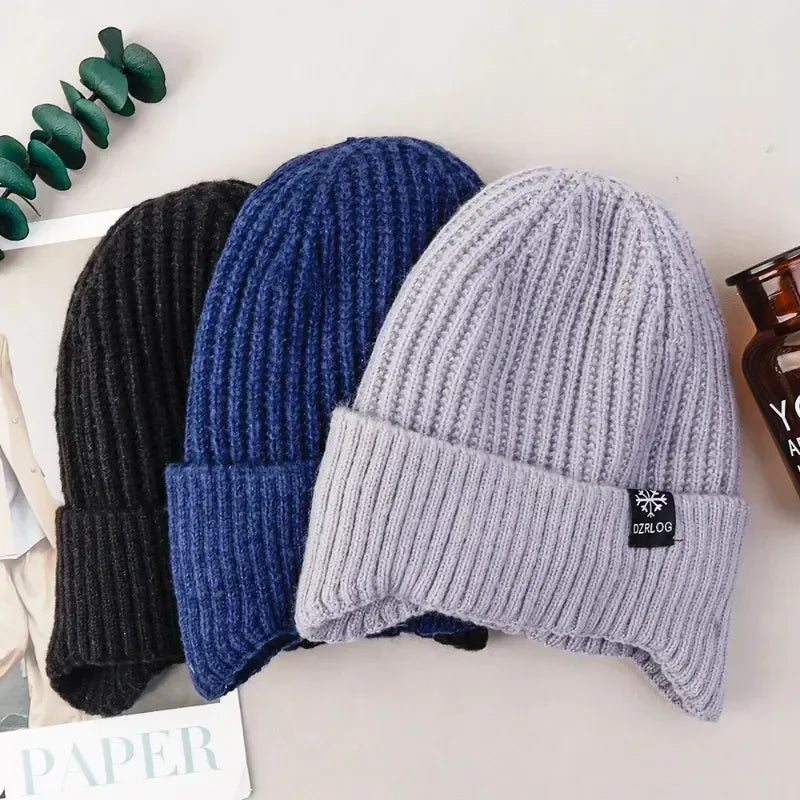 Outdoor Men Winter Knitted Hat Plush Warmth Peaked Cap Earmuff Casual Fashion Faux Fur Lined Hooded Hats Cycling Ear Protection