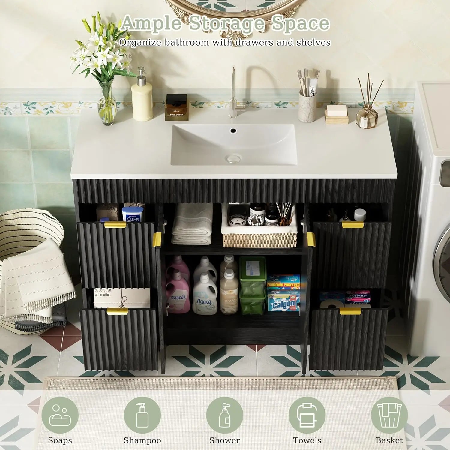 48" Fluted Bathroom Vanity Sink Freestanding Cabinet Soft Close Door 4 Drawers Modern SMC Top Black, Customized