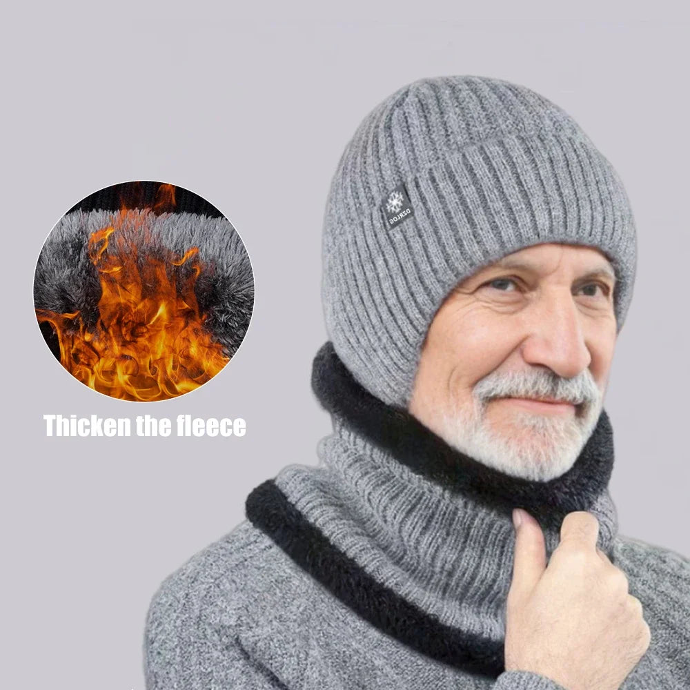 Outdoor Men Winter Knitted Hat Plush Warmth Peaked Cap Earmuff Casual Fashion Faux Fur Lined Hooded Hats Cycling Ear Protection