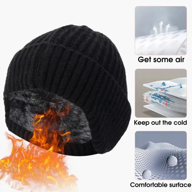 Outdoor Men Winter Knitted Hat Plush Warmth Peaked Cap Earmuff Casual Fashion Faux Fur Lined Hooded Hats Cycling Ear Protection