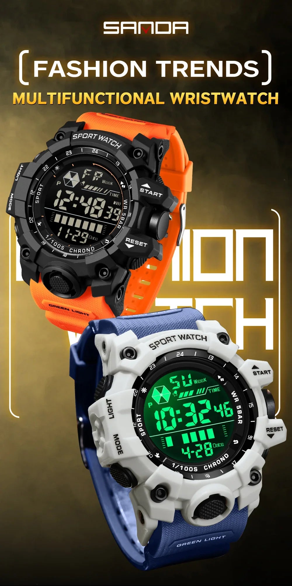 SANDA Men Outdoor Sports Watch Waterproof LED Analog Digital Show Multifunction Big Dial Electronic Wristwatch G style Male Cloc