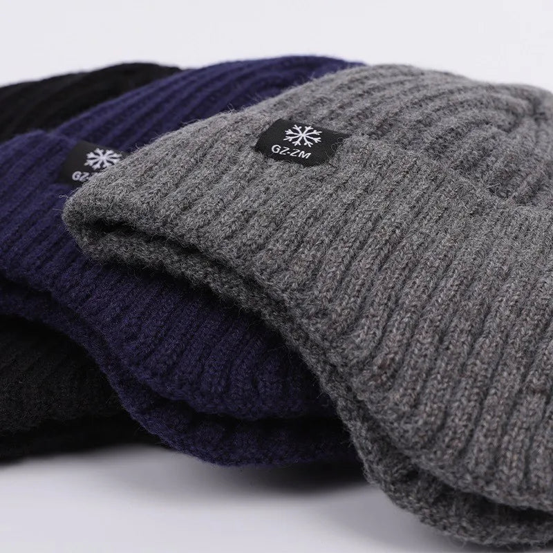 Outdoor Men Winter Knitted Hat Plush Warmth Peaked Cap Earmuff Casual Fashion Faux Fur Lined Hooded Hats Cycling Ear Protection