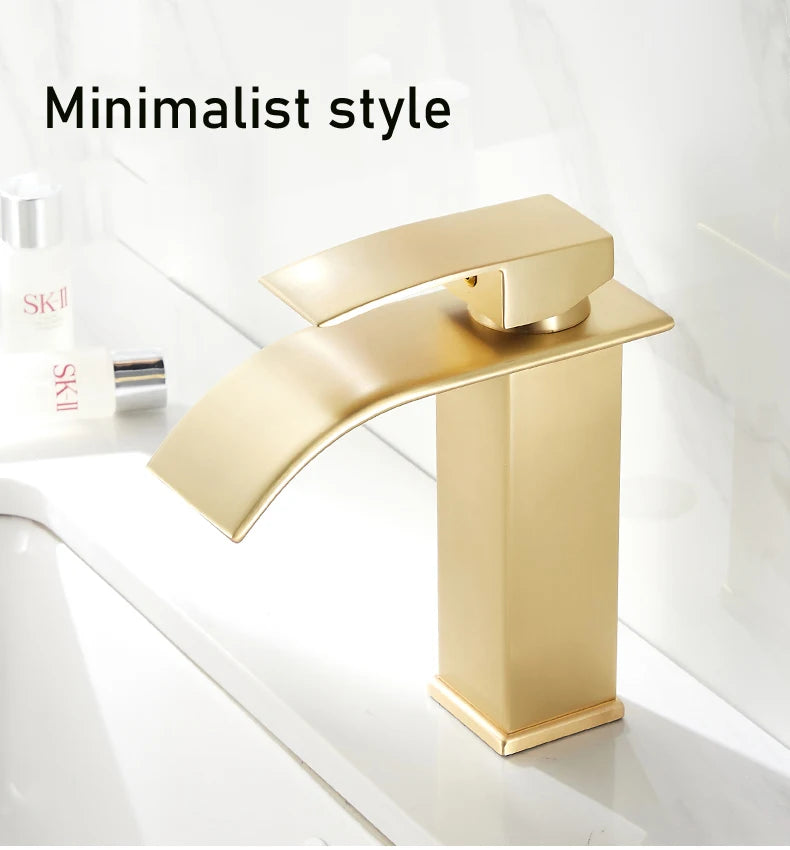 Brush Gold Waterfall Bathroom Basin Faucet Waterfall Spout Vanity Matte Gold Sink Mixers Taps Sink Faucet Tall short Style