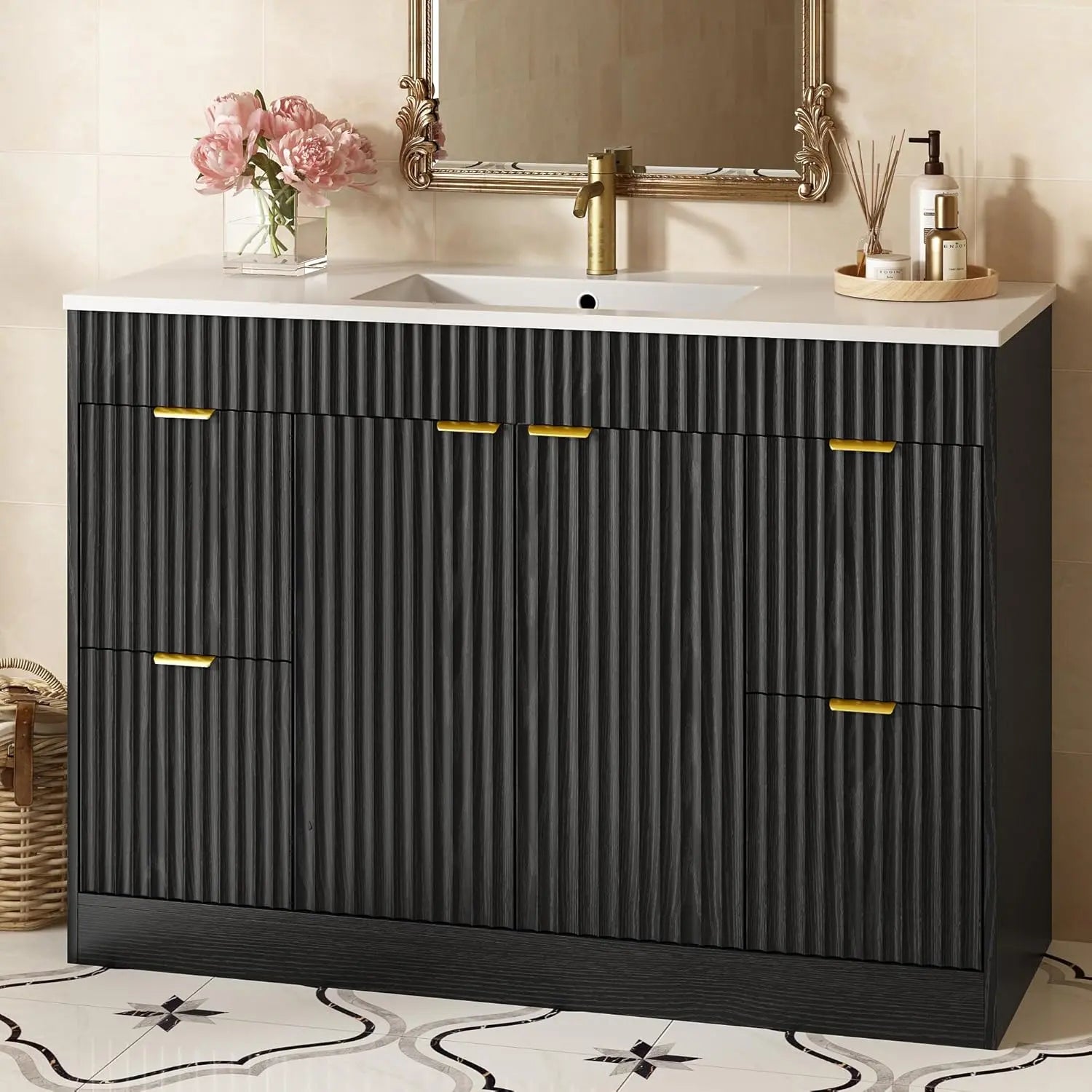 48" Fluted Bathroom Vanity Sink Freestanding Cabinet Soft Close Door 4 Drawers Modern SMC Top Black, Customized