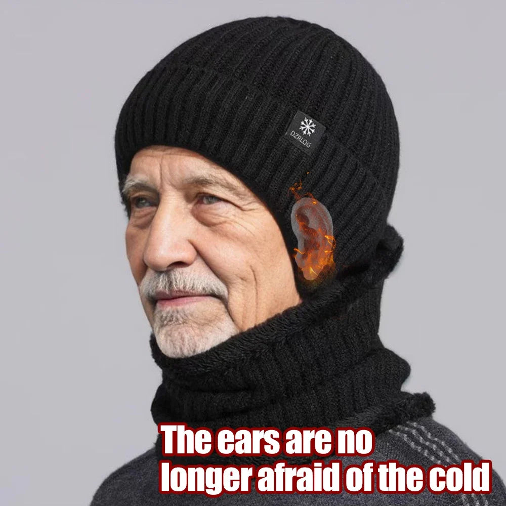 Outdoor Men Winter Knitted Hat Plush Warmth Peaked Cap Earmuff Casual Fashion Faux Fur Lined Hooded Hats Cycling Ear Protection