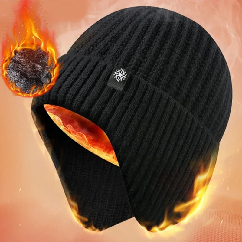 Outdoor Men Winter Knitted Hat Plush Warmth Peaked Cap Earmuff Casual Fashion Faux Fur Lined Hooded Hats Cycling Ear Protection