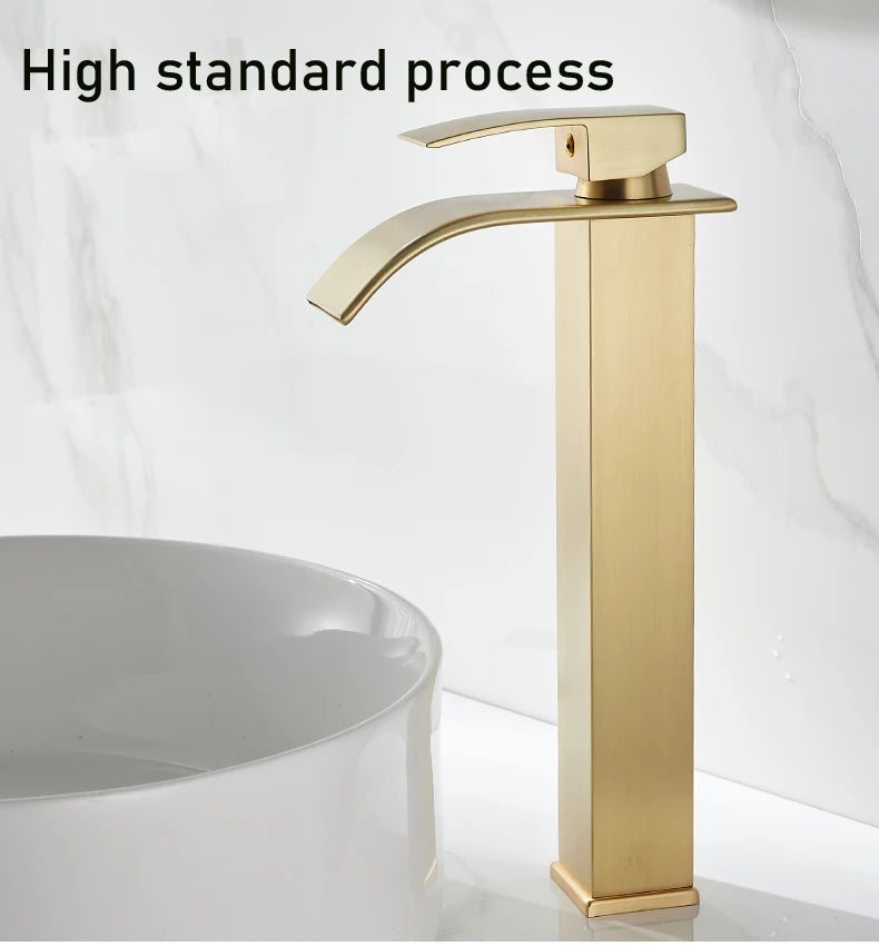 Brush Gold Waterfall Bathroom Basin Faucet Waterfall Spout Vanity Matte Gold Sink Mixers Taps Sink Faucet Tall short Style