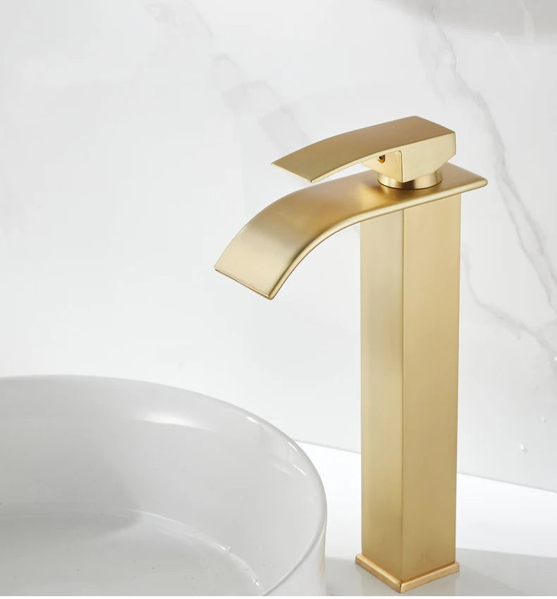 Brush Gold Waterfall Bathroom Basin Faucet Waterfall Spout Vanity Matte Gold Sink Mixers Taps Sink Faucet Tall short Style