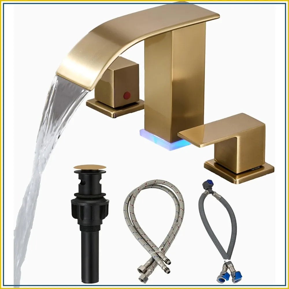 Brushed Gold 3 Hole Widespread Waterfall Vanity Faucet for Bathroom Sink, Modern Touch on Two Handle Gold Faucet