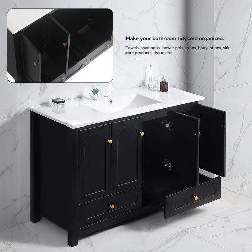 A 48 inch wide black bathroom vanity, a cabinet with 4 sliding doors and 2 drawers (excluding ceramic basin)