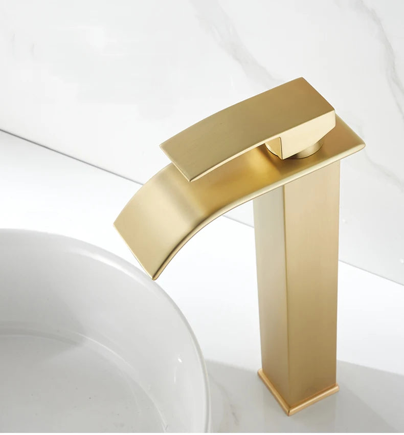 Brush Gold Waterfall Bathroom Basin Faucet Waterfall Spout Vanity Matte Gold Sink Mixers Taps Sink Faucet Tall short Style