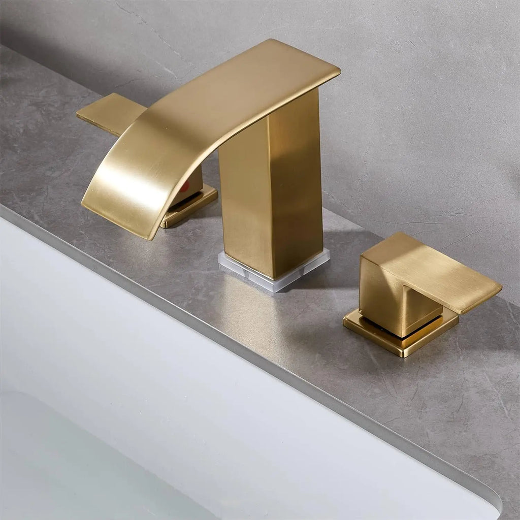 Brushed Gold 3 Hole Widespread Waterfall Vanity Faucet for Bathroom Sink, Modern Touch on Two Handle Gold Faucet