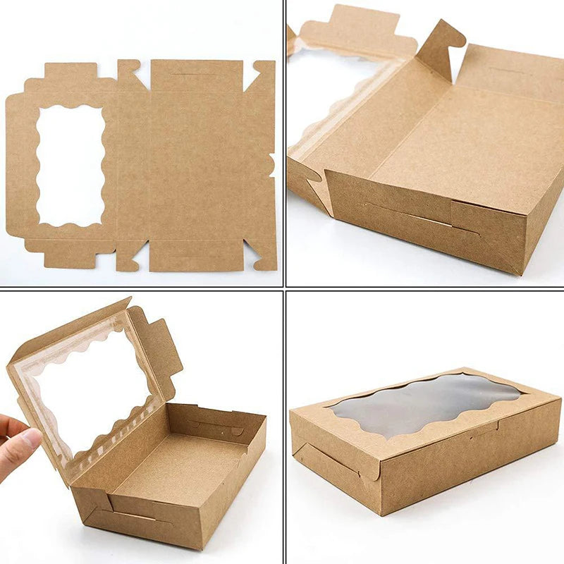 10/20Pcs Kraft Paper Cake Candy Boxes Rectangle Open Window Wedding Jewelry Chocolate Gift Packaging Boxes Baking Party Supplies