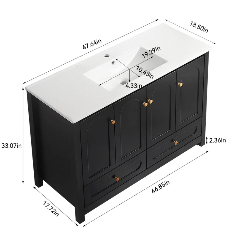 A 48 inch wide black bathroom vanity, a cabinet with 4 sliding doors and 2 drawers (excluding ceramic basin)