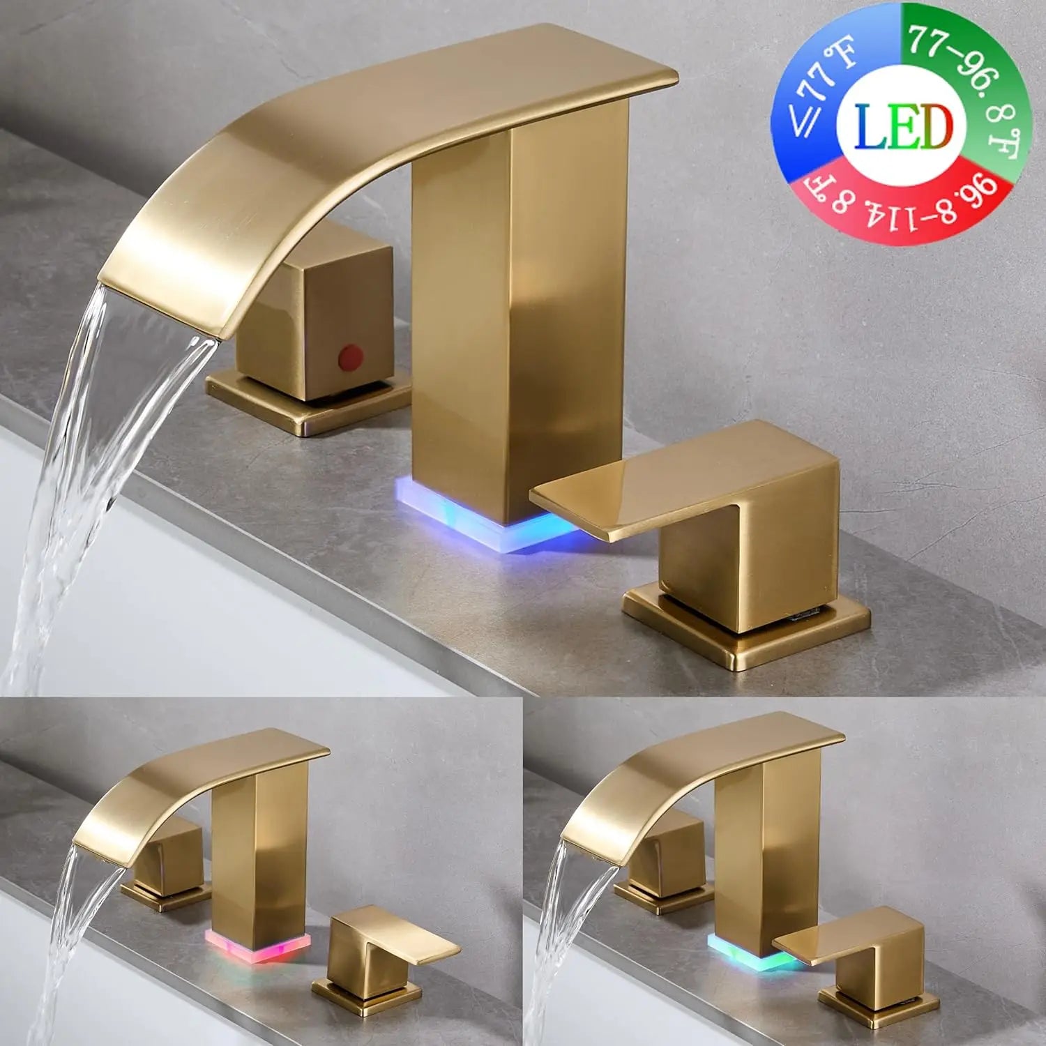 Brushed Gold 3 Hole Widespread Waterfall Vanity Faucet for Bathroom Sink, Modern Touch on Two Handle Gold Faucet