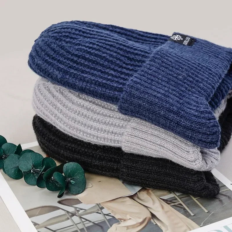 Outdoor Men Winter Knitted Hat Plush Warmth Peaked Cap Earmuff Casual Fashion Faux Fur Lined Hooded Hats Cycling Ear Protection