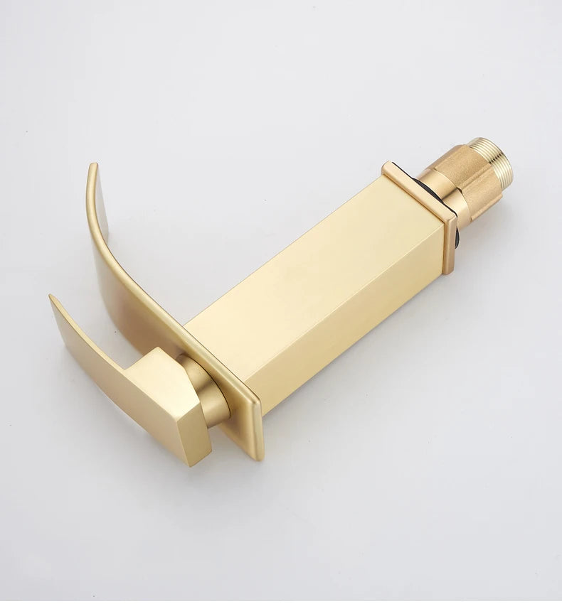Brush Gold Waterfall Bathroom Basin Faucet Waterfall Spout Vanity Matte Gold Sink Mixers Taps Sink Faucet Tall short Style