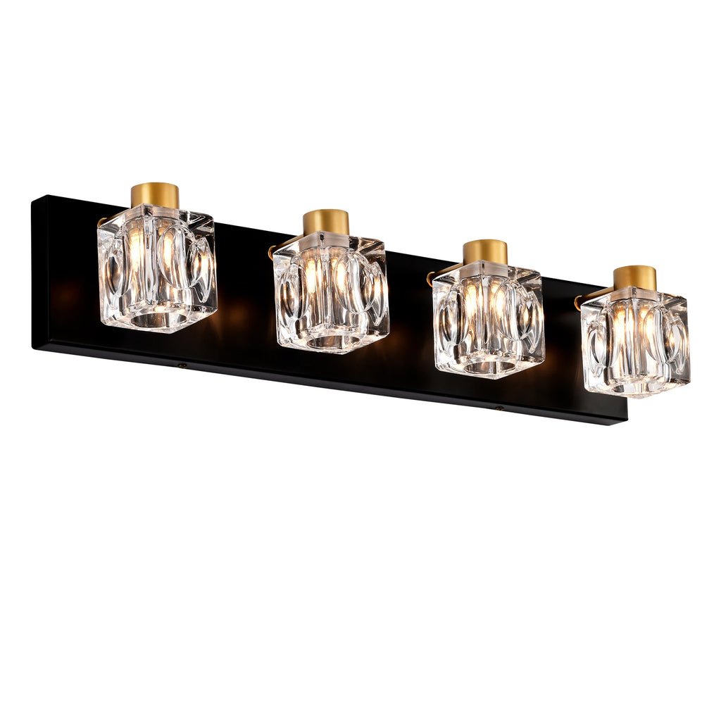 4-Light Matte Black + Gold Bathroom Light Fixtures, Modern Vanity Lights with Crystal Glass Shade, Vintage Light Fixture Bathroo