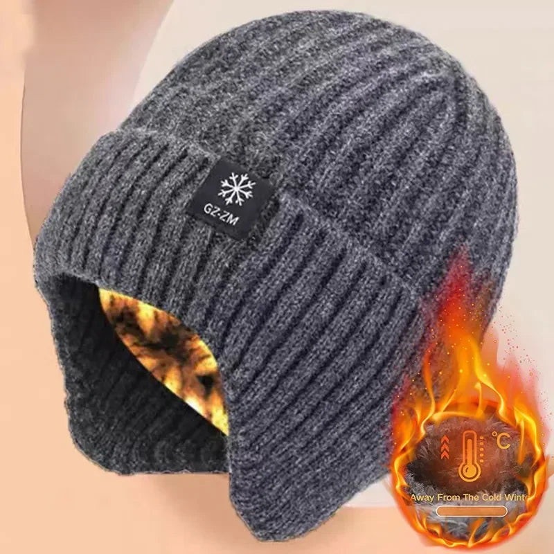 Outdoor Men Winter Knitted Hat Plush Warmth Peaked Cap Earmuff Casual Fashion Faux Fur Lined Hooded Hats Cycling Ear Protection
