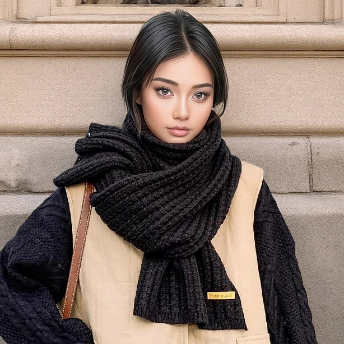 Men Women Thick Warm Knitted Scarf in Winter Autumn Wool Soft Solid Cashmere Neckerchief Simple Fashion Black Students Scarves