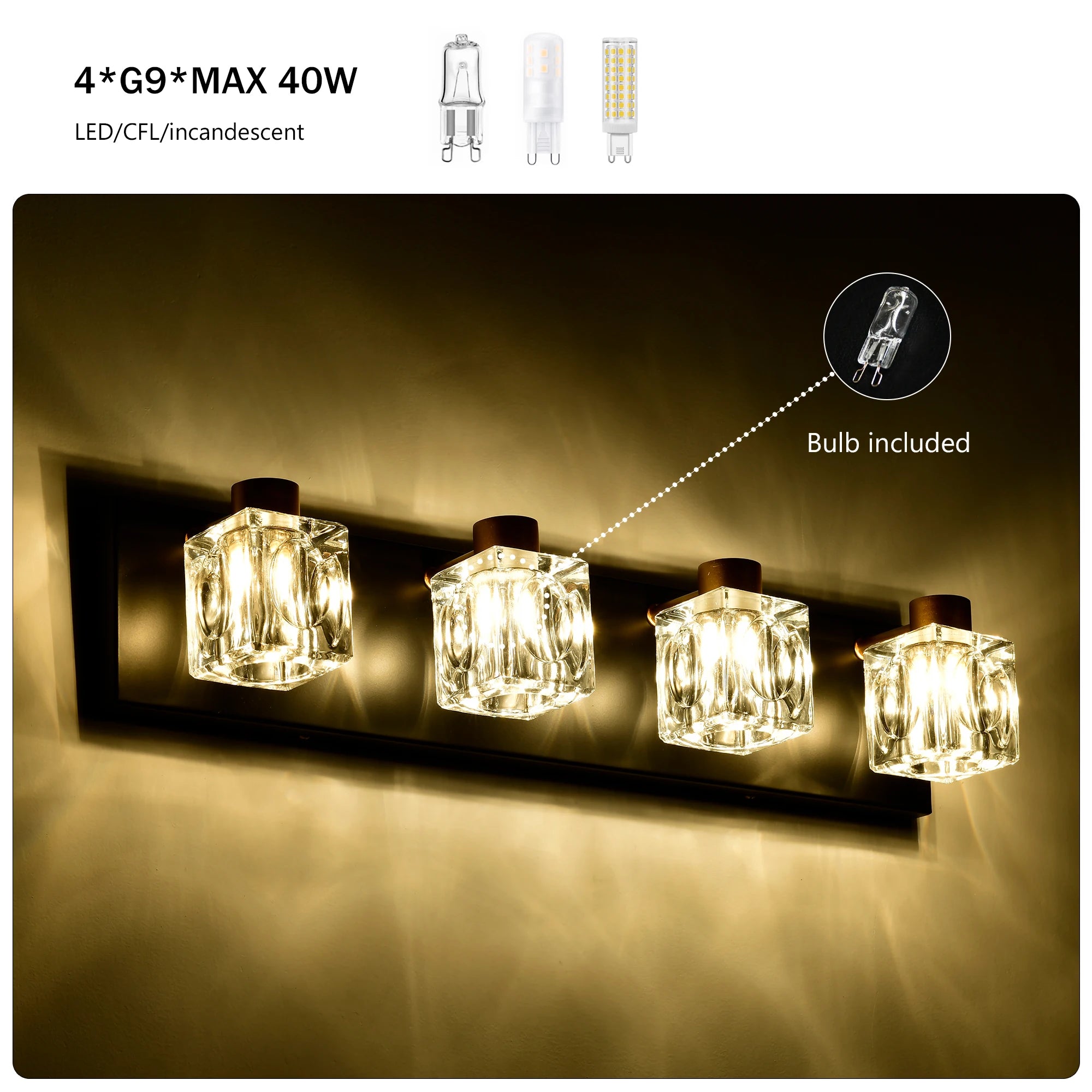 4-Light Matte Black + Gold Bathroom Light Fixtures, Modern Vanity Lights with Crystal Glass Shade, Vintage Light Fixture Bathroo