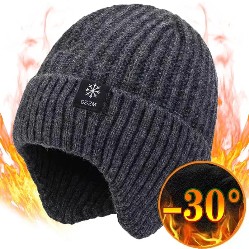 Outdoor Men Winter Knitted Hat Plush Warmth Peaked Cap Earmuff Casual Fashion Faux Fur Lined Hooded Hats Cycling Ear Protection