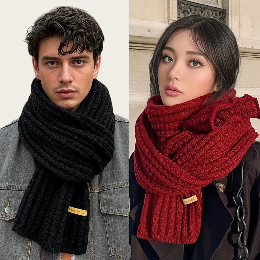 Men Women Thick Warm Knitted Scarf in Winter Autumn Wool Soft Solid Cashmere Neckerchief Simple Fashion Black Students Scarves