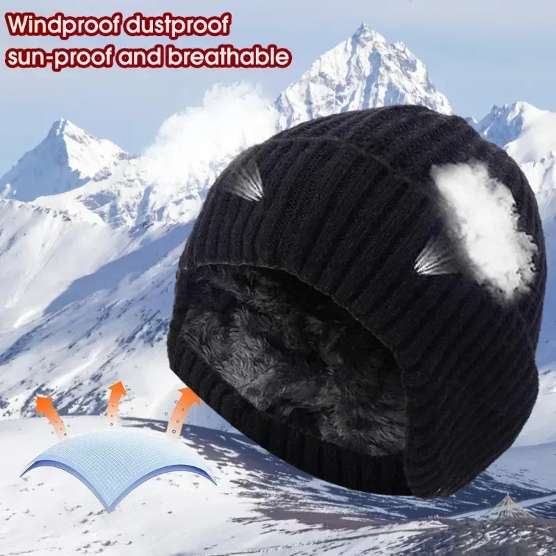 Outdoor Men Winter Knitted Hat Plush Warmth Peaked Cap Earmuff Casual Fashion Faux Fur Lined Hooded Hats Cycling Ear Protection