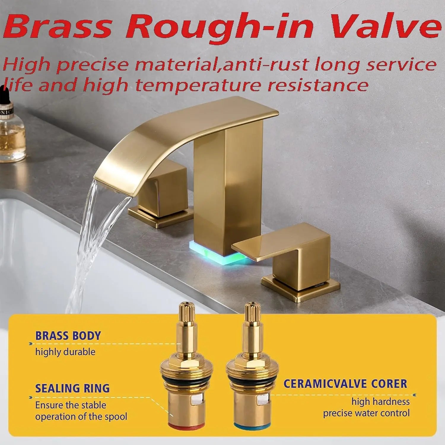 Brushed Gold 3 Hole Widespread Waterfall Vanity Faucet for Bathroom Sink, Modern Touch on Two Handle Gold Faucet