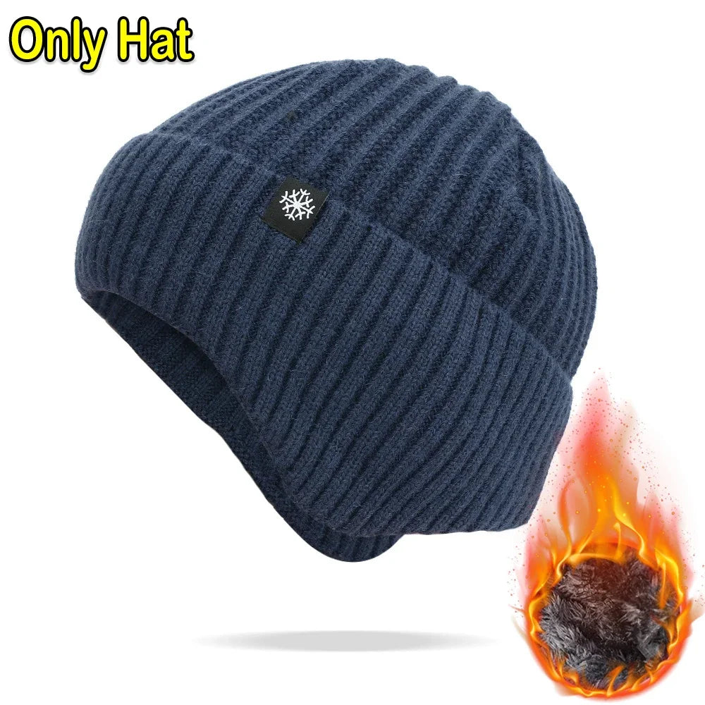 Outdoor Men Winter Knitted Hat Plush Warmth Peaked Cap Earmuff Casual Fashion Faux Fur Lined Hooded Hats Cycling Ear Protection