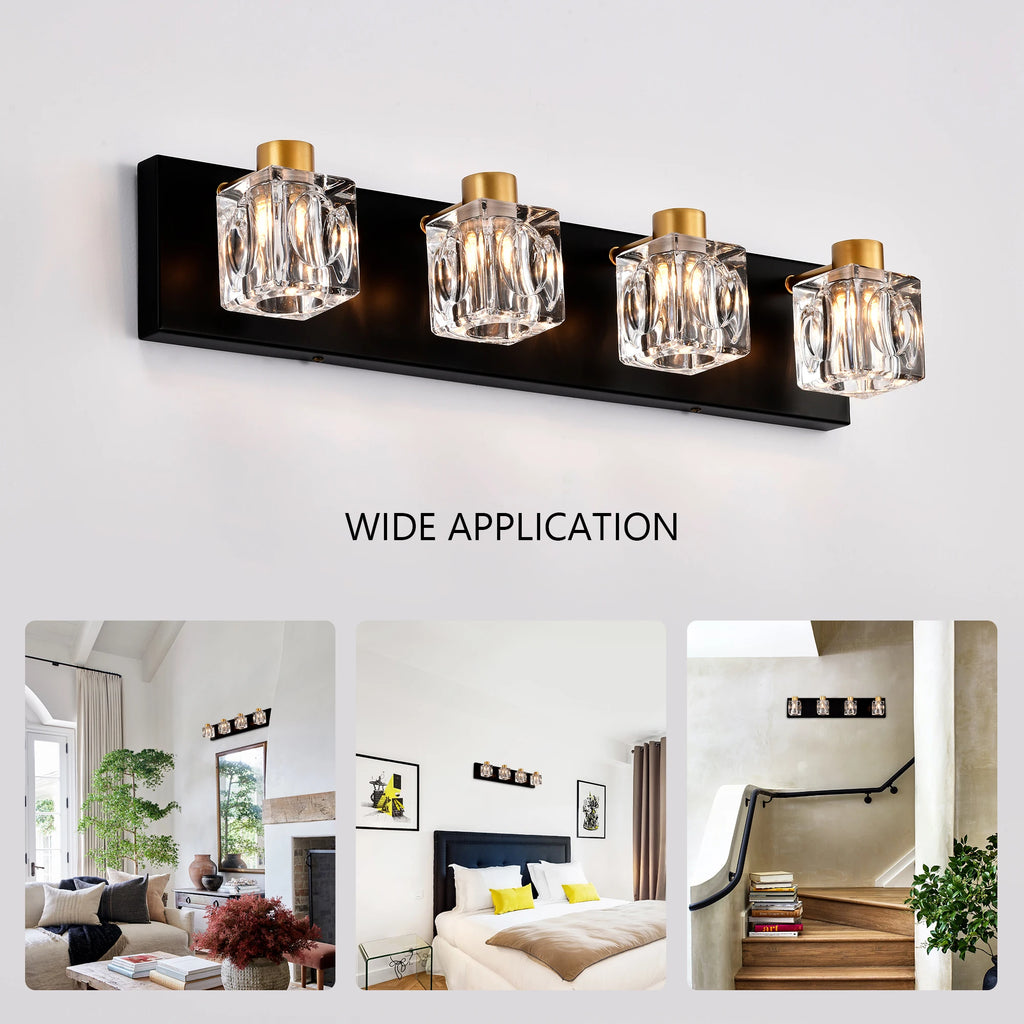 4-Light Matte Black + Gold Bathroom Light Fixtures, Modern Vanity Lights with Crystal Glass Shade, Vintage Light Fixture Bathroo