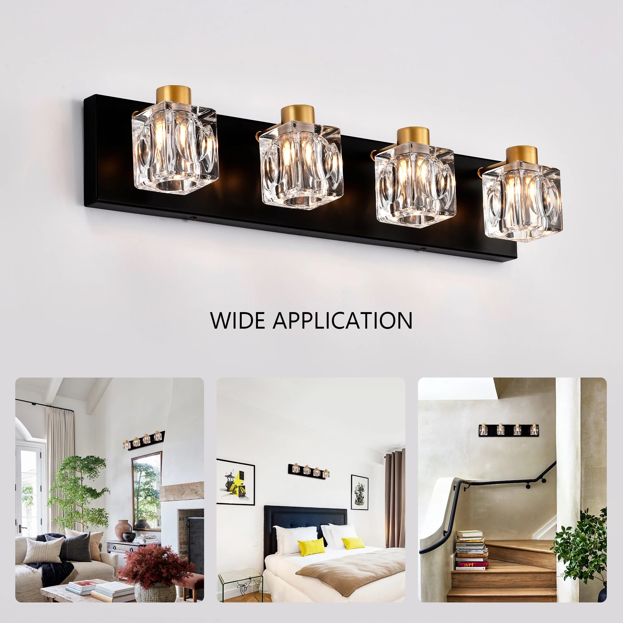 4-Light Matte Black + Gold Bathroom Light Fixtures, Modern Vanity Lights with Crystal Glass Shade, Vintage Light Fixture Bathroo