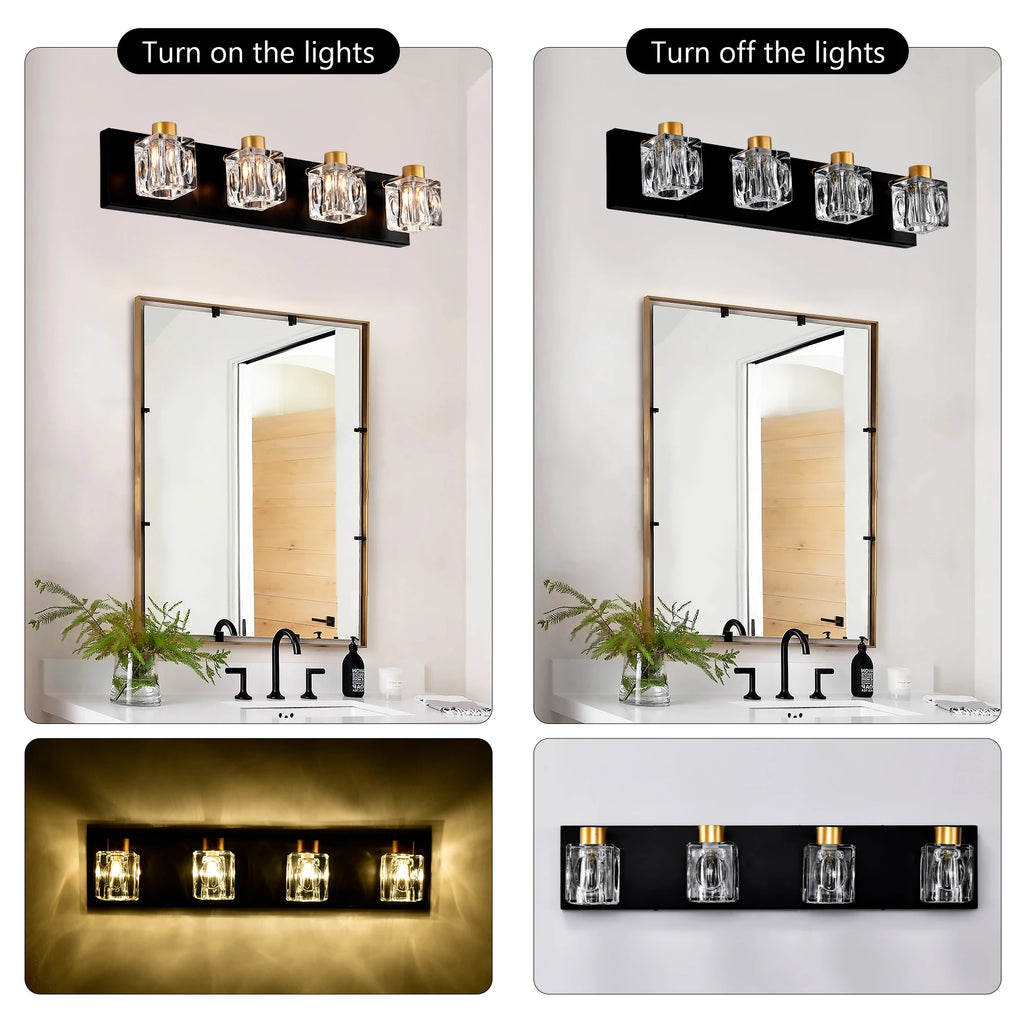 4-Light Matte Black + Gold Bathroom Light Fixtures, Modern Vanity Lights with Crystal Glass Shade, Vintage Light Fixture Bathroo