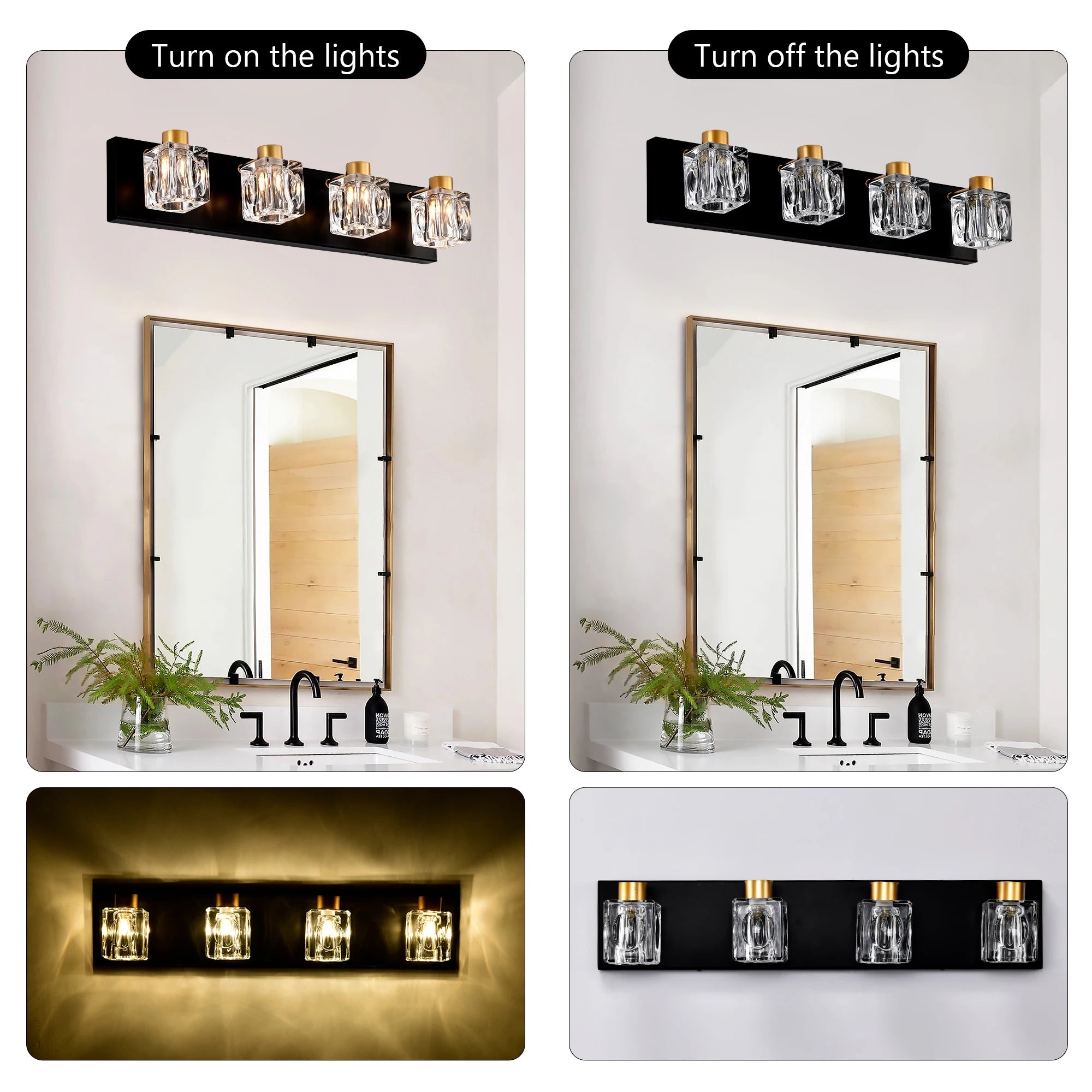 4-Light Matte Black + Gold Bathroom Light Fixtures, Modern Vanity Lights with Crystal Glass Shade, Vintage Light Fixture Bathroo