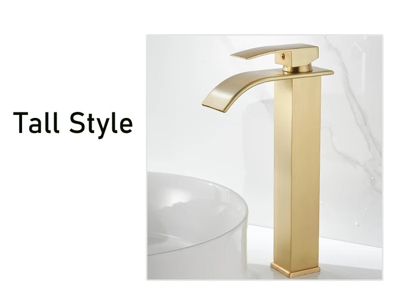 Brush Gold Waterfall Bathroom Basin Faucet Waterfall Spout Vanity Matte Gold Sink Mixers Taps Sink Faucet Tall short Style